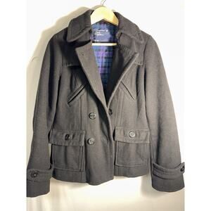 Wool Blend Pea Coat Jacket Plaid Lined Black Women’s Medium American Eagle